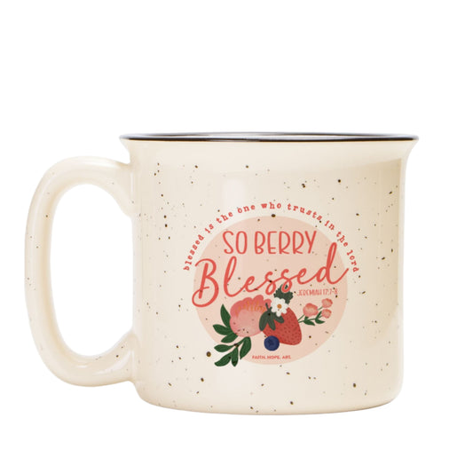 So Berry Blessed Ceramic Camp Mug Speckled Cream 13oz