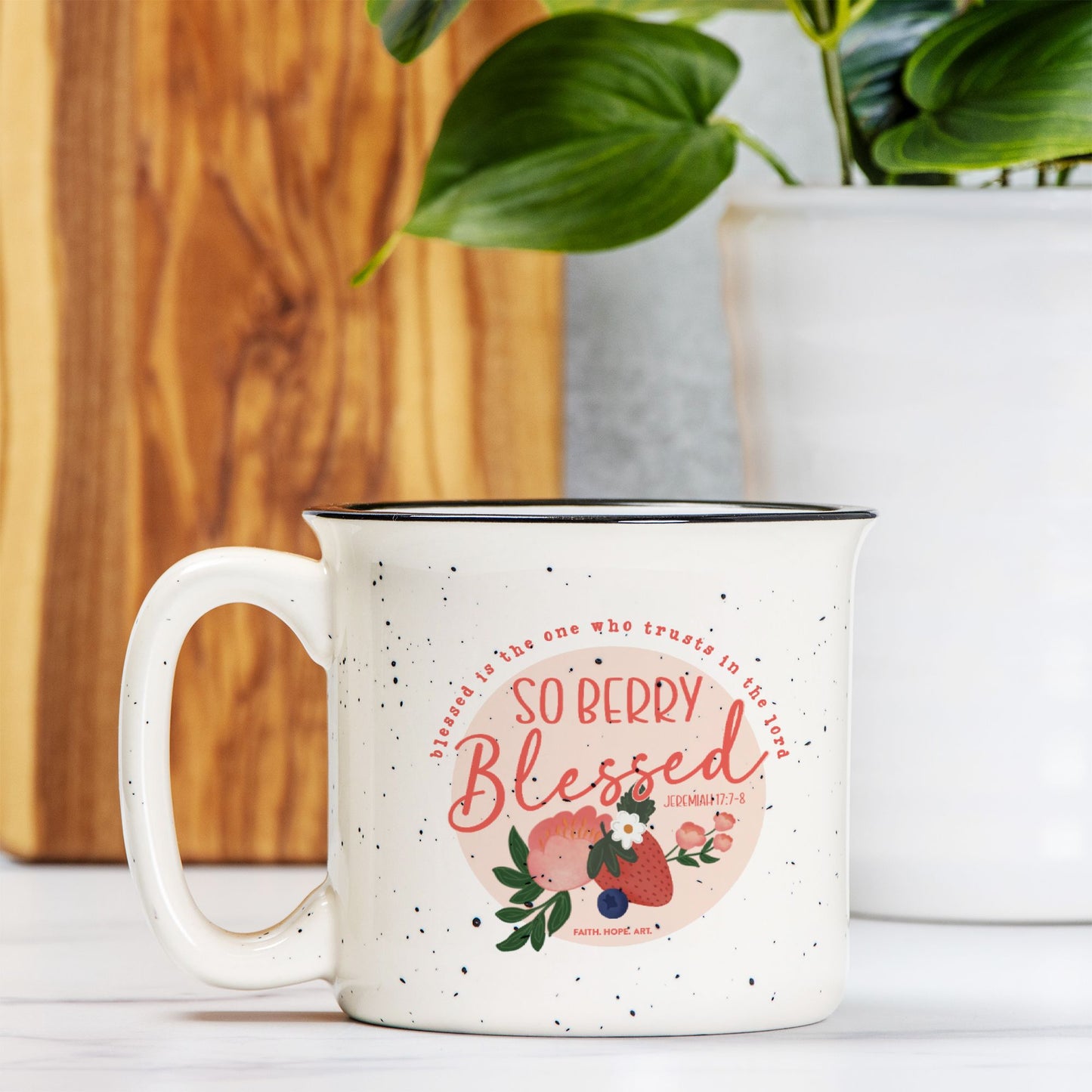 So Berry Blessed Ceramic Camp Mug Speckled Cream 13oz
