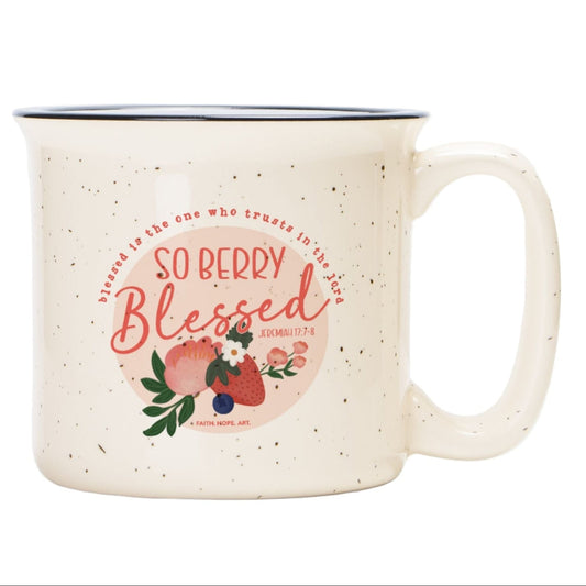 So Berry Blessed Ceramic Camp Mug Speckled Cream 13oz
